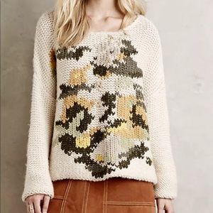 NWOT ANTHROPOLOGIE Mes Demoiselle Embroidered Hand-knit Floral Motif Sweater